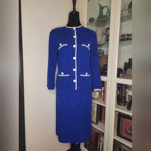 Vintage Neiman Marcus Ami Knits Cardigan Sweater Skirt Suit Set Blue White S 6